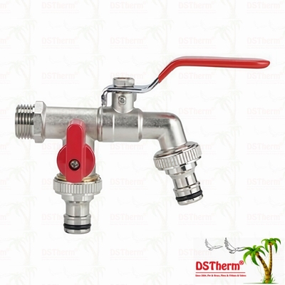 Messing Wirtschaftlich Doppel Auslass Hahn Nickel Beschichtet Wasserhahn Mit Rotem Griff 1/2"*3/4"*3/4"