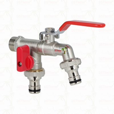 Messing Wirtschaftlich Doppel Auslass Hahn Nickel Beschichtet Wasserhahn Mit Rotem Griff 1/2"*3/4"*3/4"