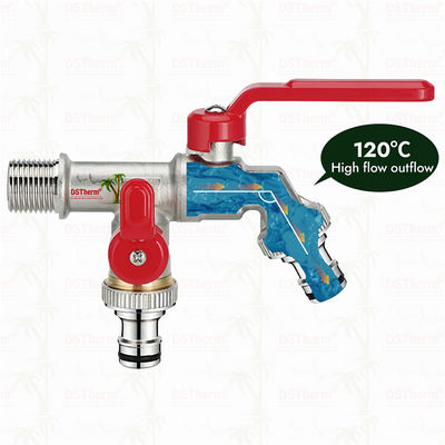 Einzigartiges Design, innovative Form, Doppel-Auslass-Wasserhahn mit rotem Aluminiumgriff 1/2"*3/4"*3/4"